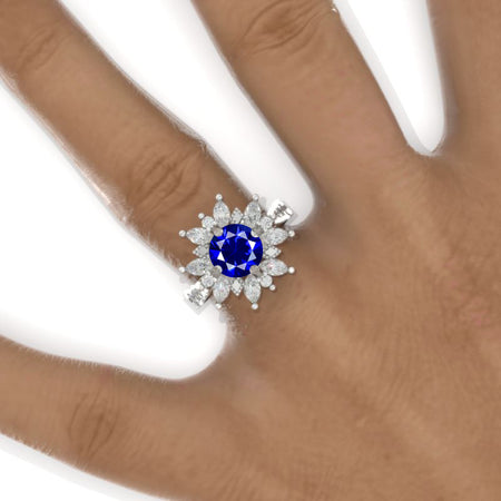 2 Carat Round Royal Blue Sapphire Snowflake Floral Halo Engagement Ring Model 1131