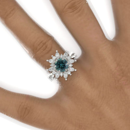2 Carat Round Teal Sapphire Snowflake Floral Halo Engagement Ring