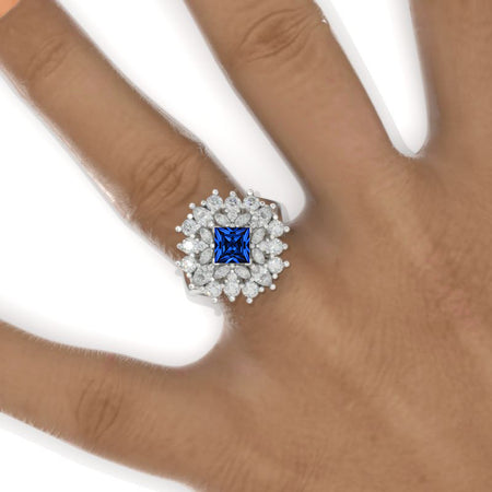 3 CTW Royal Blue Sapphire Cluster Halo Engagement Ring Vintage Anniversary Gold Ring Model 1132