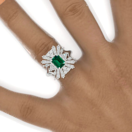 3 CTW Emerald Cluster Halo Engagement Ring Vintage Anniversary Gold Ring Model 1133