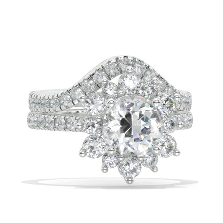 2 Carat Round Moissanite Snowflake Halo Engagement Ring Set. Victorian 14K White Gold Ring Set.