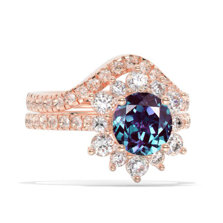 2 Carat Round Alexandrite Snowflake Halo Engagement Ring Set. Victorian 14K White Gold Ring Set.