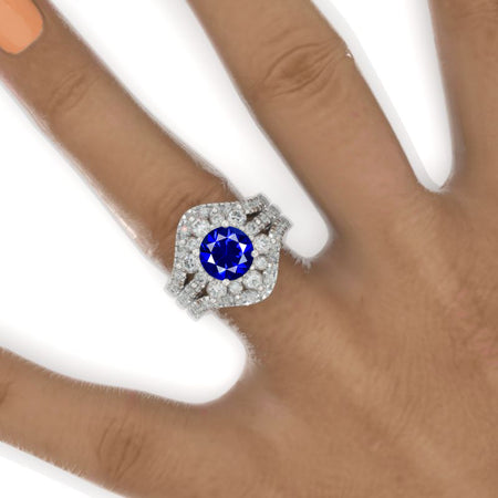 2 Carat Round Royal Blue Sapphire Snowflake Halo Engagement Ring Set. Victorian 14K White Gold Ring Set. Model 701-8