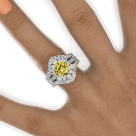 2 Carat Round Yellow Sapphire Snowflake Halo Engagement Ring Set. Victorian 14K White Gold Ring Set. Model 701-8