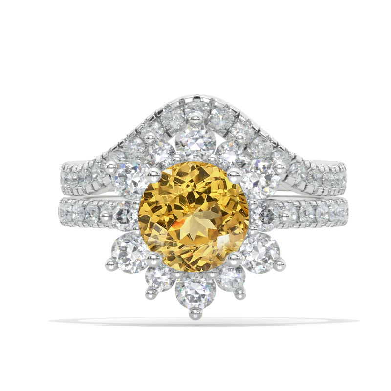 2 Carat Round Genuine Yellow Citrine Snowflake Halo Engagement Ring Set. Victorian 14K White Gold Ring Set. Model 701-8