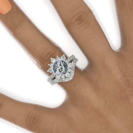 2 Carat Round Genuine Moss Agate Snowflake Halo Engagement Ring Set. Victorian 14K White Gold Ring Set.