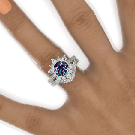 2 Carat Round Alexandrite Snowflake Halo Engagement Ring Set. Victorian 14K White Gold Ring Set.