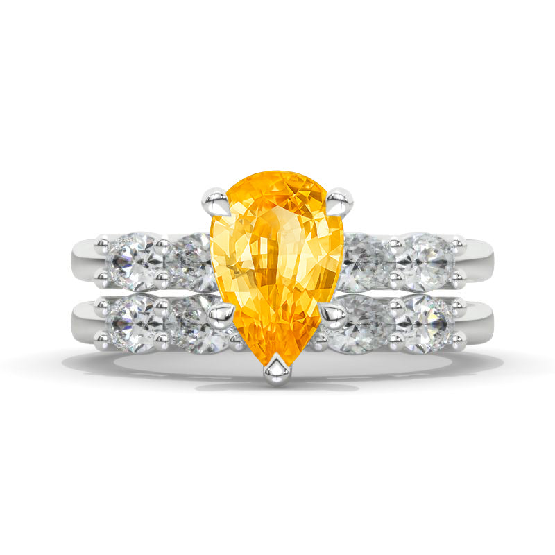 3 Carat Pear Genuine Yellow Citrine Engagement Ring 14K White Gold Ring Set Model 963-11x7mm