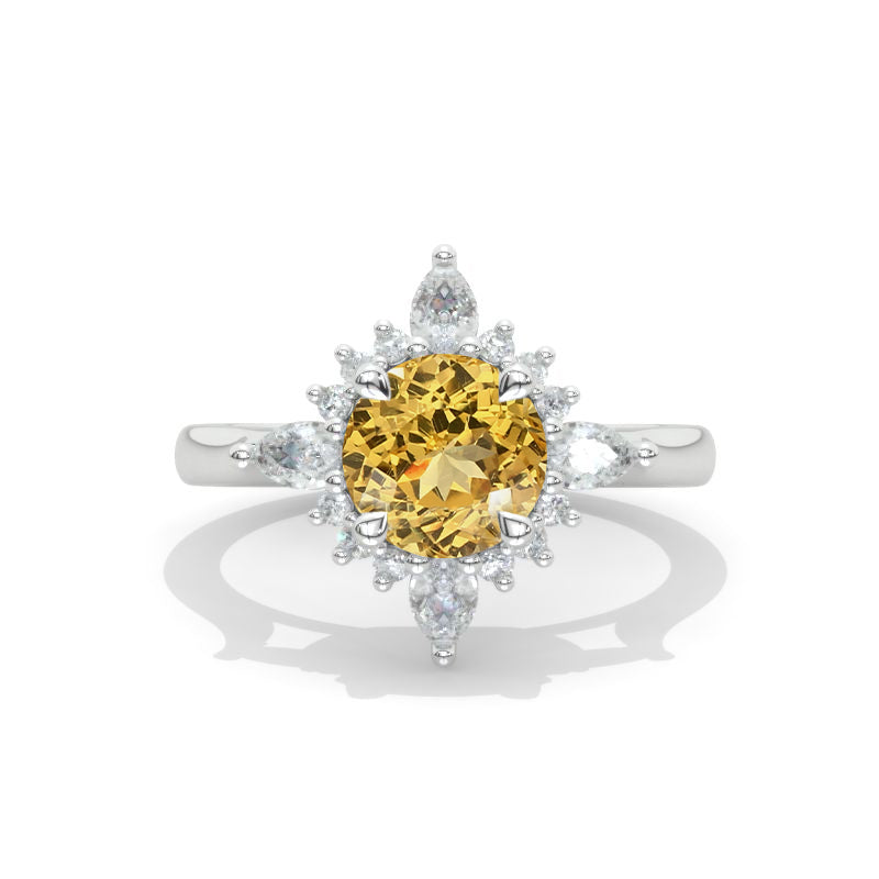 2 Carat Genuine Yellow Citrine Round Snowflake Start Halo Engagement Ring Model 892