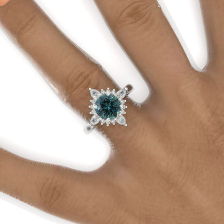 2 Carat Round Teal Sapphire Snowflake Start Halo Engagement Ring