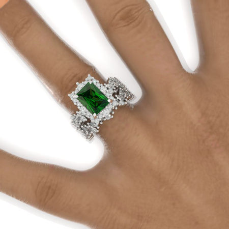 3 Carat Vintage Style 9x7mm Radiant Cut Emerald White Gold Floral Shank Engagement Ring Set Model 572_V2-9x7 