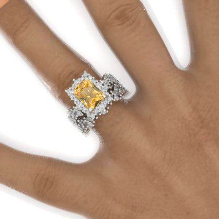 3 Carat Vintage Style 9x7mm Radiant Cut Genuine Yellow Citrine White Gold Floral Sh Model 572_V2-9x7