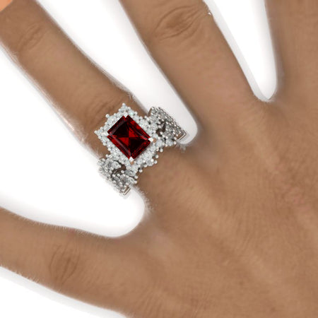 3 Carat Vintage Style 9x7mm Radiant Cut Giliarto Ruby White Gold Floral Shank Engagement Ring Set