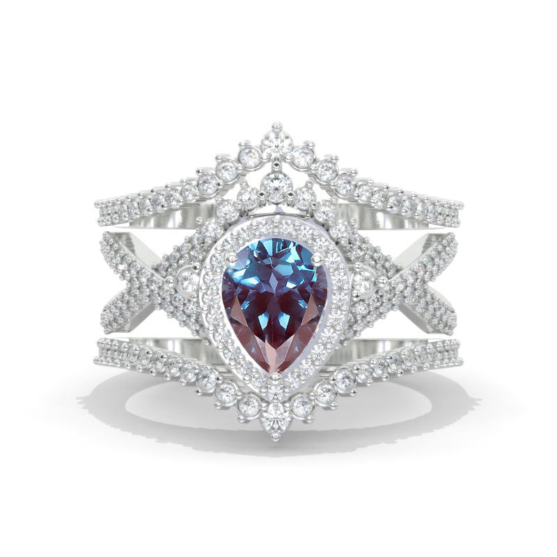1.5 Carat Pear Alexandrite Halo Twisted Engagement Ring Eternity Ring Set