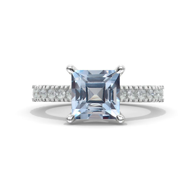 3 Carat Princess Cut Genuine Aquamarine Hidden Halo Gold Engagement Ring