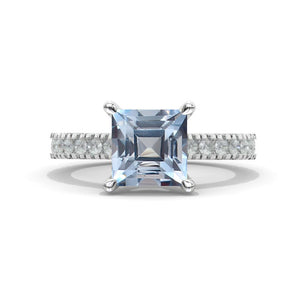 3 Carat Princess Cut Genuine Aquamarine Hidden Halo Gold Engagement Ring