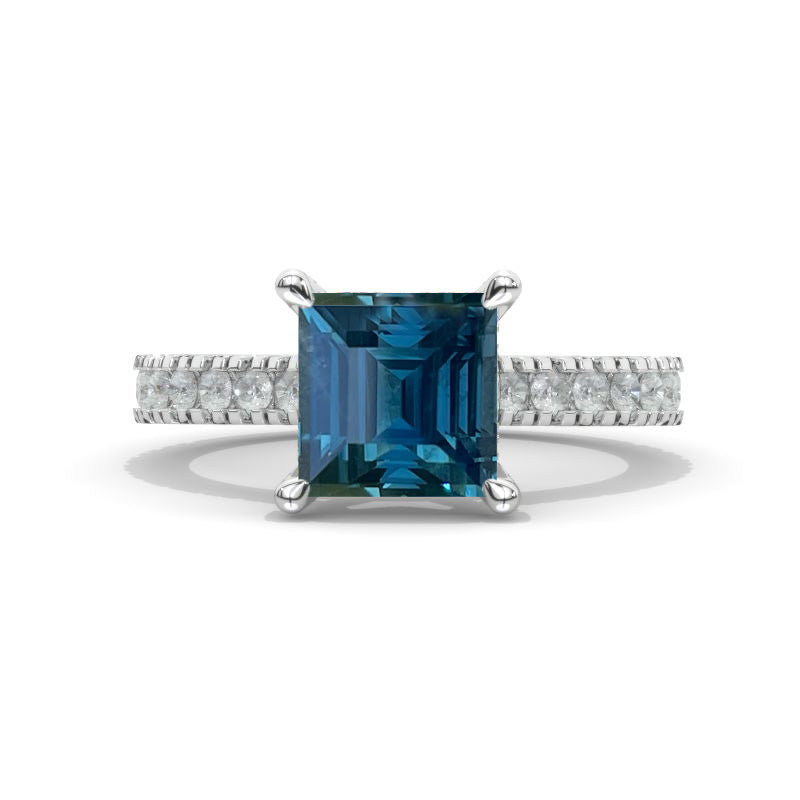3 Carat Princess Cut Teal Sapphire Hidden Halo Gold Engagement Ring