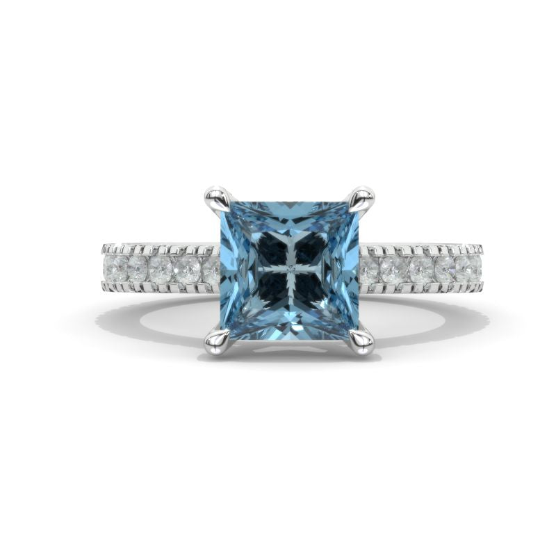 3 Carat Princess Cut Aquamarine Hidden  Diamond Halo Gold Engagement Ring
