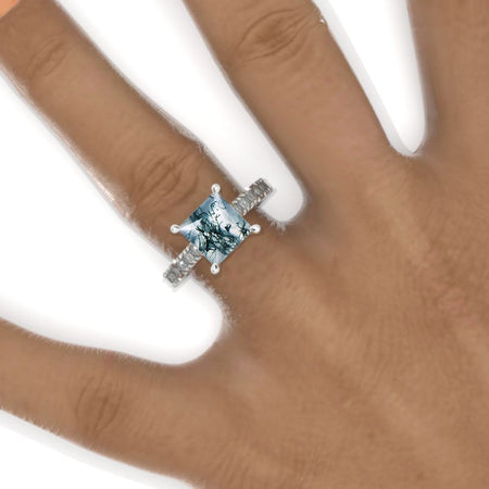 3 Carat Princess Cut Genuine Moss Agate Hidden Halo Gold Engagement Ring