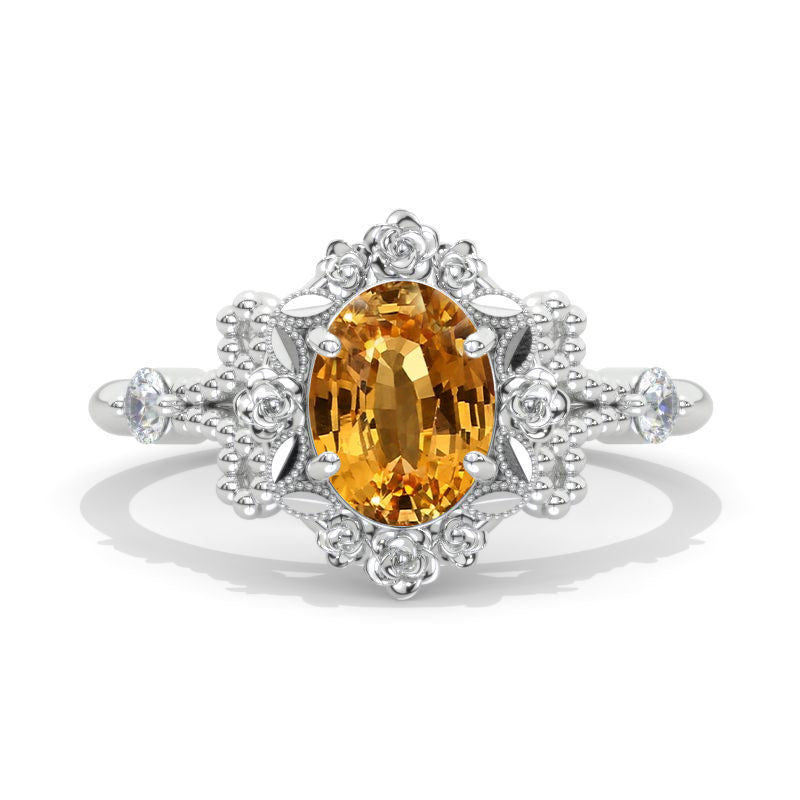 1.5 Carat Genuine Yellow Citrine Rose Flowers  Halo 14K White Gold Engagement Promissory Ring Model 1134