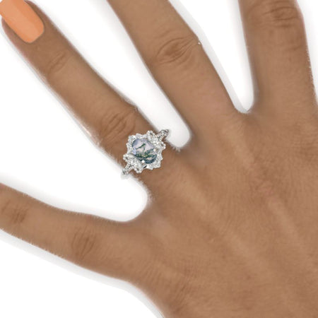 1.5 Carat Moss Agate Rose Flowers  Halo 14K White Gold Engagement Promissory Ring