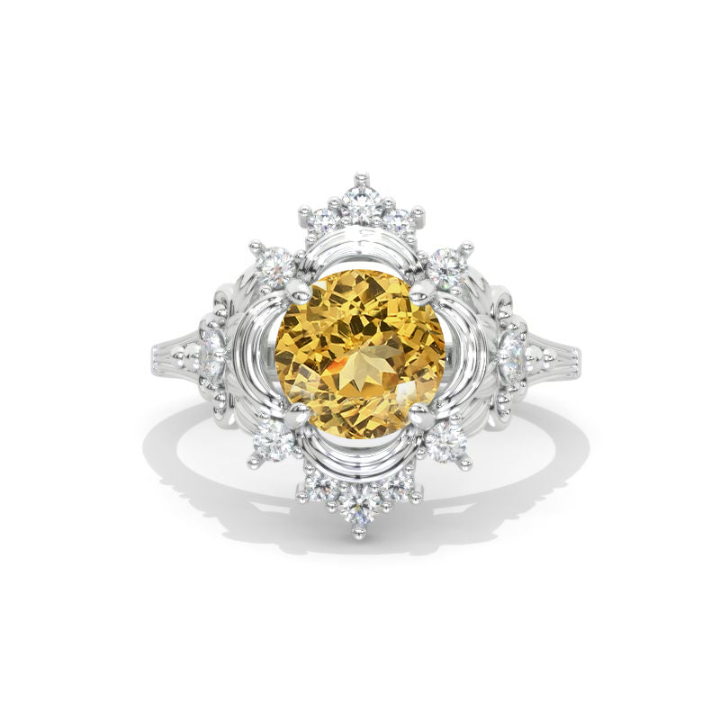 2 Carat Round  Giliarto Flowers Halo Vintage Style Genuine Yellow Citrine Engagement Ring Model 1135