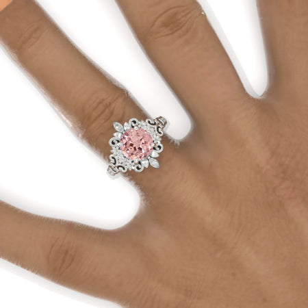 2 Carat Flowers Halo Vintage Style Peach Sapphire Engagement Ring 14K White Gold Model 1136