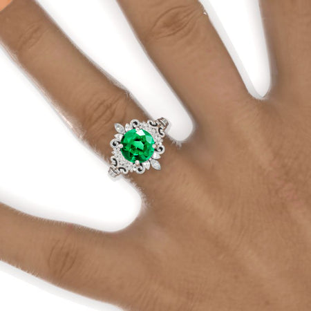 2 Carat Flowers Halo Vintage Style Emerald Engagement Ring 14K White Gold Model 1136
