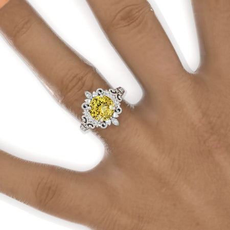 2 Carat Flowers Halo Vintage Style Yellow Sapphire Engagement Ring 14K White Gold Model 1136