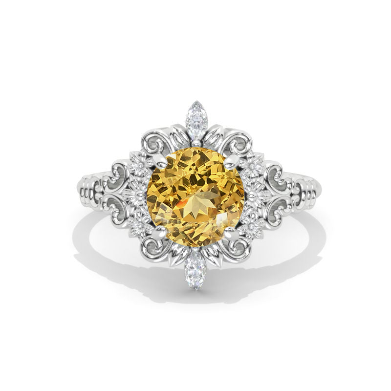 2 Carat Flowers Halo Vintage Style Genuine Yellow Citrine  Engagement Ring 14K White Gold Model 1136