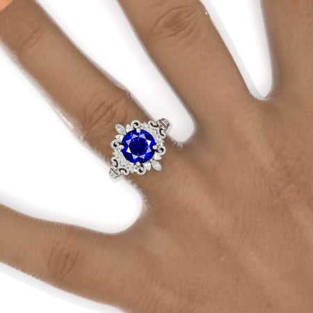 2 Carat Flowers Halo Vintage Style Royal Blue Sapphire Engagement Ring 14K White Gold Model 1136