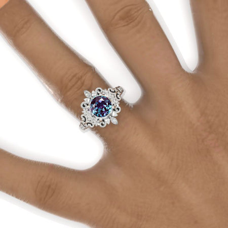 2 Carat Flowers Halo Vintage Style Alexandrite Engagement Ring 14K White Gold