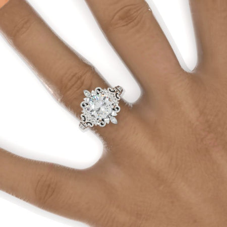 2 Carat Flowers Halo Vintage Style Moissanite Engagement Ring 14K White Gold
