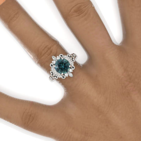 2 Carat Flowers Halo Vintage Style Teal Sapphire Engagement Ring 14K White Gold
