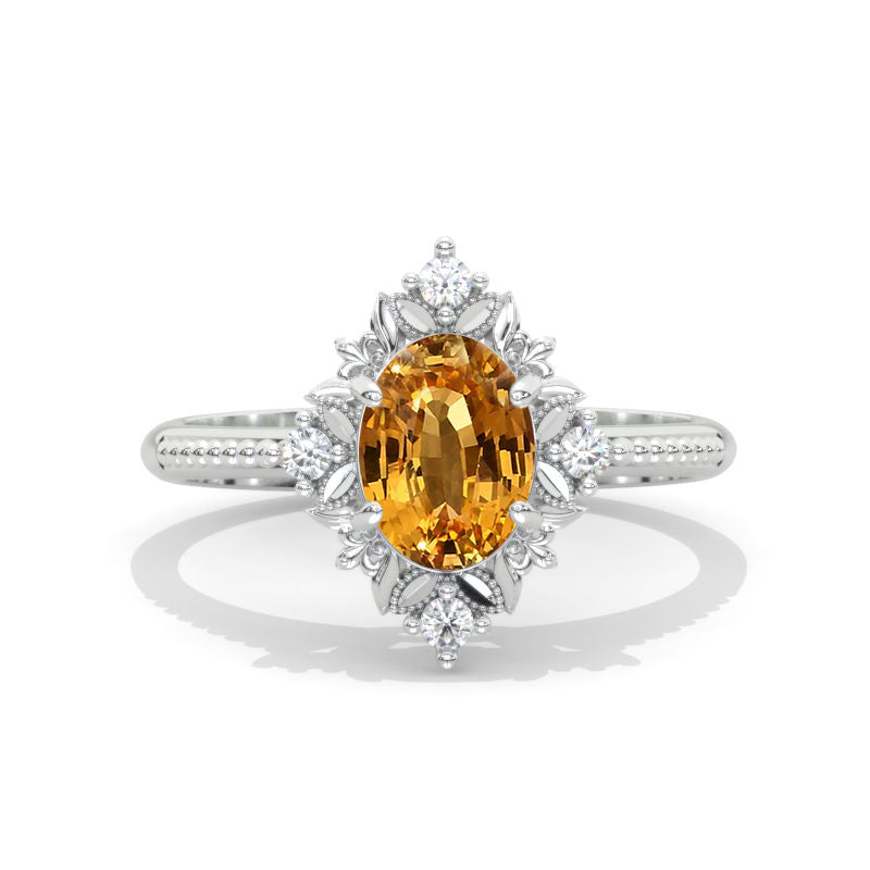 1.5 Carat Genuine Yellow Citrine Flowers Halo 14K White Gold Engagement Promissory Ring Model 1137