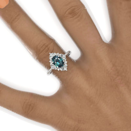1.5 Carat Teal Sapphire Flowers Halo 14K White Gold Engagement Promissory Ring