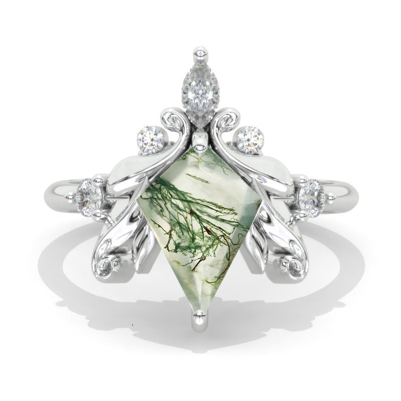 2.5 Carat Kite Moissanite Floral Leaves 14K White Gold Engagement Ring