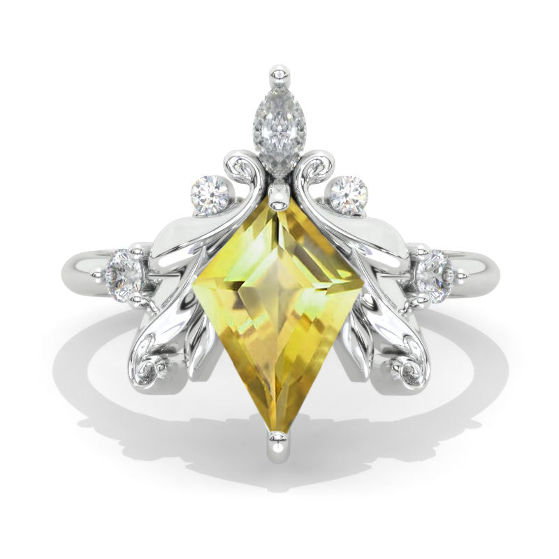 2.5 Carat Kite Genuine Yellow Citrine Floral Leaves 14K White Gold Engagement Ring Model 1138-12x8