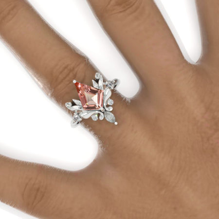 2.5 Carat Kite Peach Sapphire Floral Leaves 14K White Gold Engagement Ring Model 1138-12x8