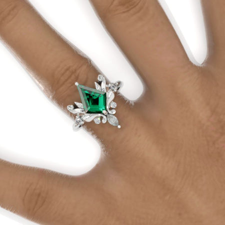 2.5 Carat Kite Emerald Floral Leaves 14K White Gold Engagement Ring Model 1138-12x8