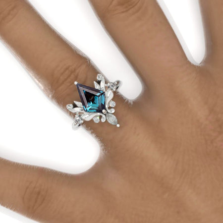 2.5 Carat Kite Alexandrite Floral Leaves 14K White Gold Engagement Ring