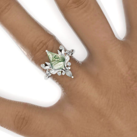 2.5 Carat Kite Genuine Moss Agate Floral Leaves 14K White Gold Engagement Ring