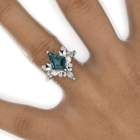 2.5 Carat Kite Teal Sapphire Floral Leaves 14K White Gold Engagement Ring