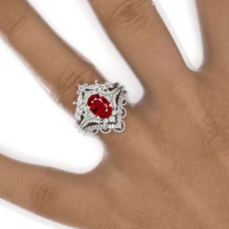 1.5 Carat Oval  Ruby Cluster Floral Halo 14K White Gold Floral Engagement Ring Set