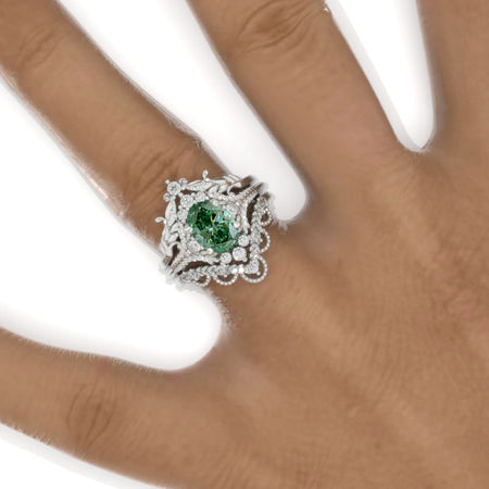 1.5 Carat Oval Green Moissanite Cluster Floral Halo 14K White Gold Floral Engagement Ring Set