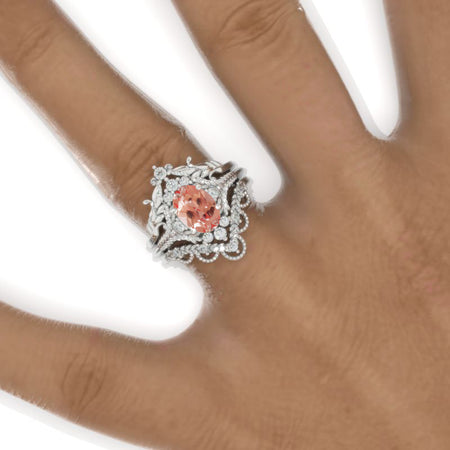 3 Carat Oval Peach Sapphire Cluster Floral Halo 14K White Gold Floral Engagement Ring Set