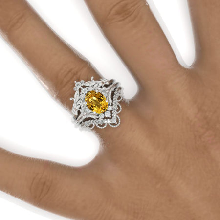 3 Carat Oval Yellow Sapphire Cluster Floral Halo 14K White Gold Floral Engagement Ring Set