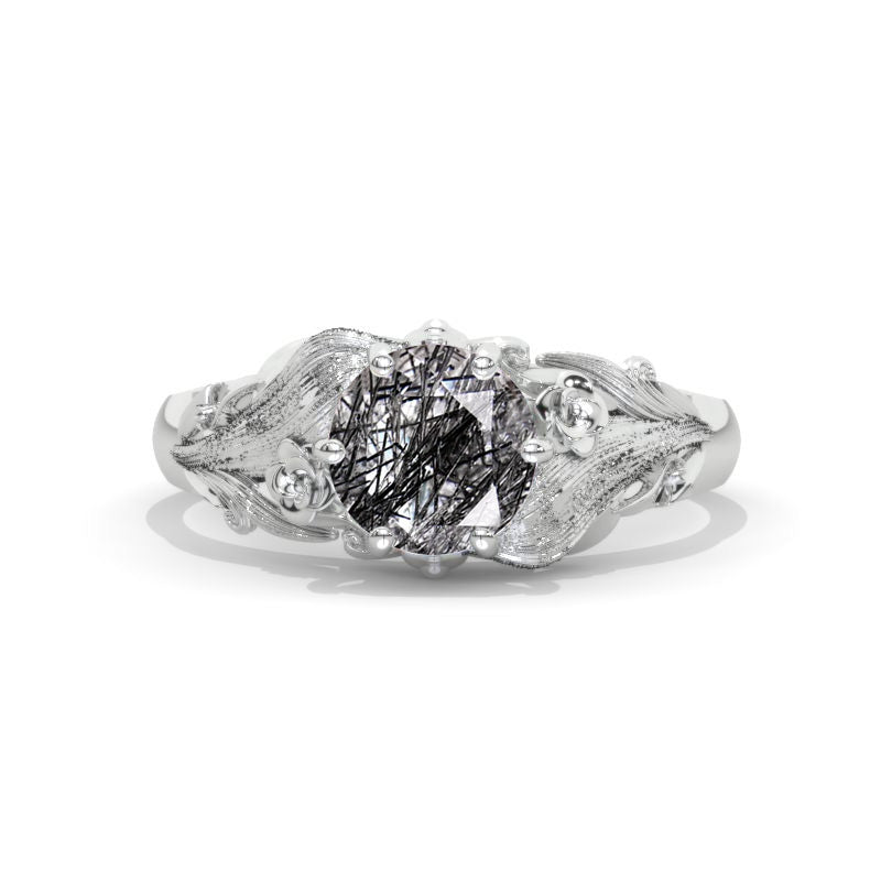 1.7 Carat Flowers Halo Vintage Style Natural Rutilated Quartz Engagement Ring 14K White Gold