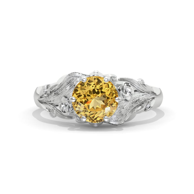 1.7 Carat Flowers Halo Vintage Style Genuine Yellow Citrine Engagement Ring 14K White Gold Model 1140