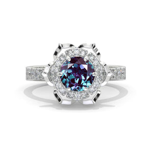 1.7 Carat Flowers Halo Vintage Style Alexandrite Engagement Ring 14K White Gold